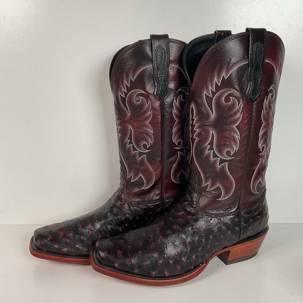 Nocona Ostrich Quill Cowboy Boots | USA Made | Black Cherry | 9 EE